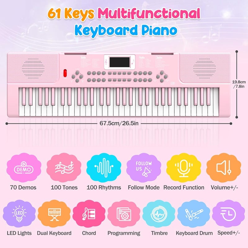 TWFRIC Piano Keyboard, 61 Key Upgrade Kids Pianos Music Toy with Light-up Keys & Pro Teaching Modes, Dual Speaker, 70 Demos,100 Tones, 100 Rhythms Perfect Christmas/Birthday Gift for Kids (Pink) - Image 2